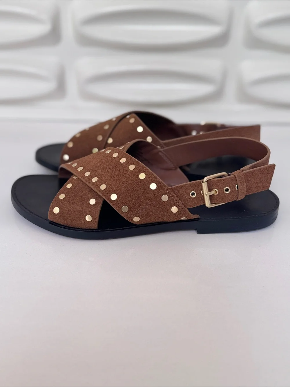 Madewell Brown Suede Crisscross Sandals with Gold Studs